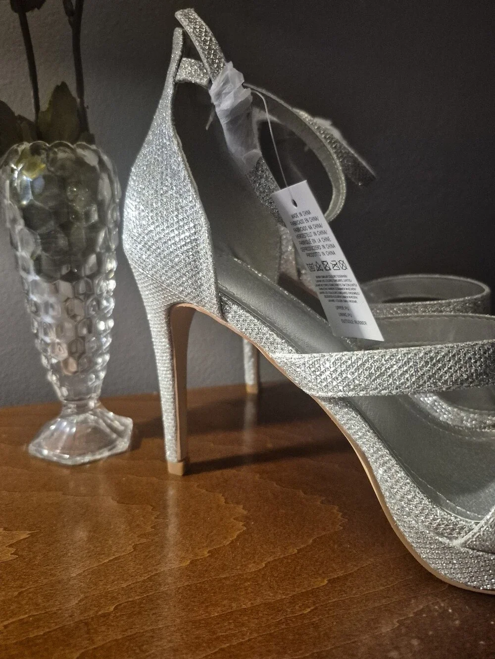 Silver Glitter Ankle-Strap Stiletto Heels